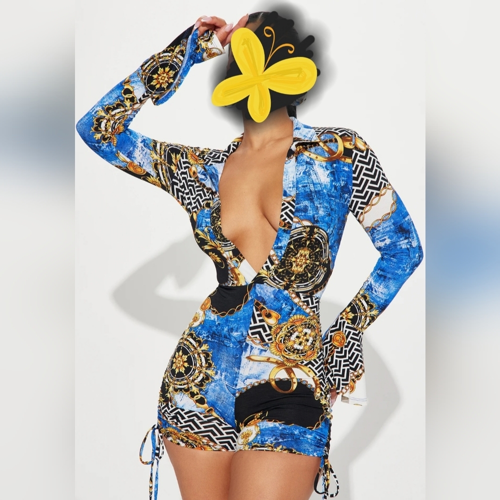 Women's Blue and Black Patterned Top
